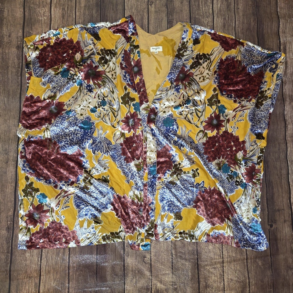 World Market Velvet Kimono Women OS Mustard Floral Boho Whimsigoth 70s